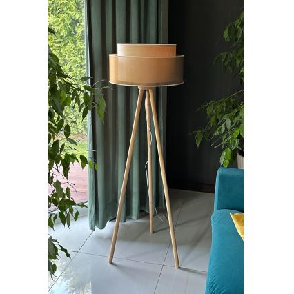 Duolla - Candeeiro de chão WOOD BOHO 1xE27/15W/230V diâmetro 45 cm cobre/castanho/bege