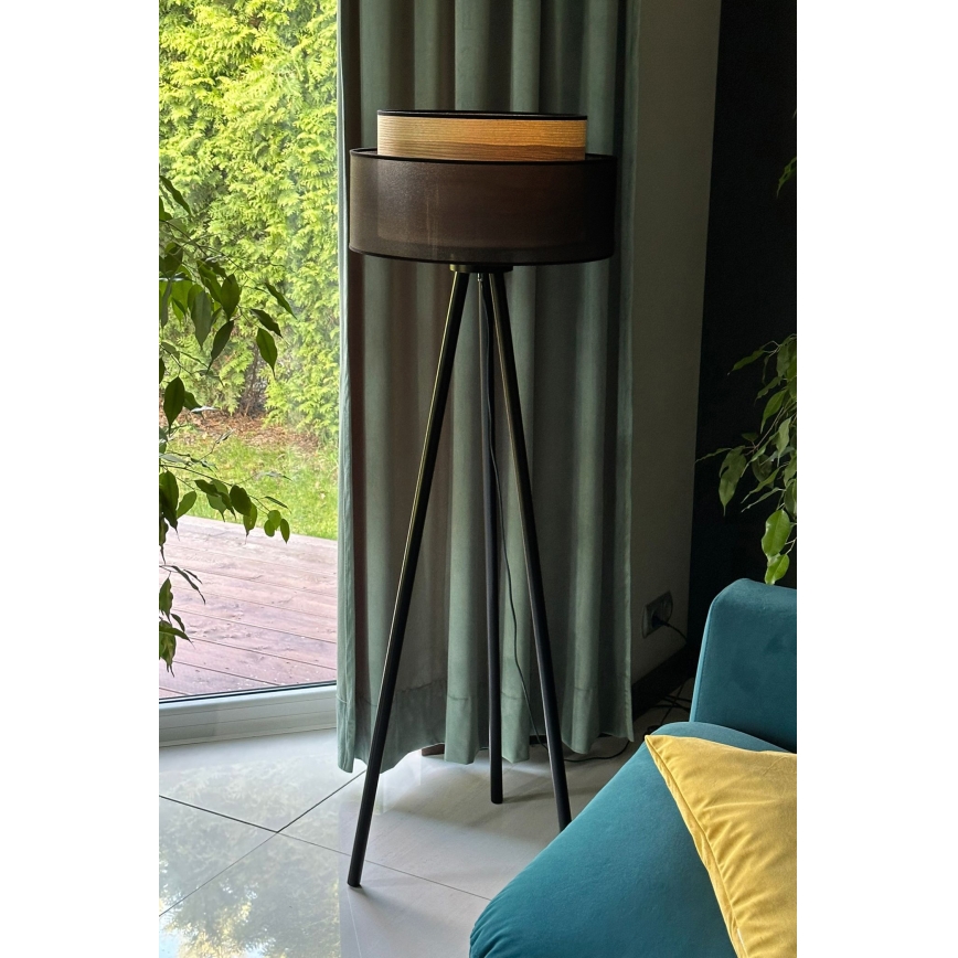 Duolla - Candeeiro de chão WOOD BOHO 1xE27/15W/230V diâmetro 45 cm preto/bege