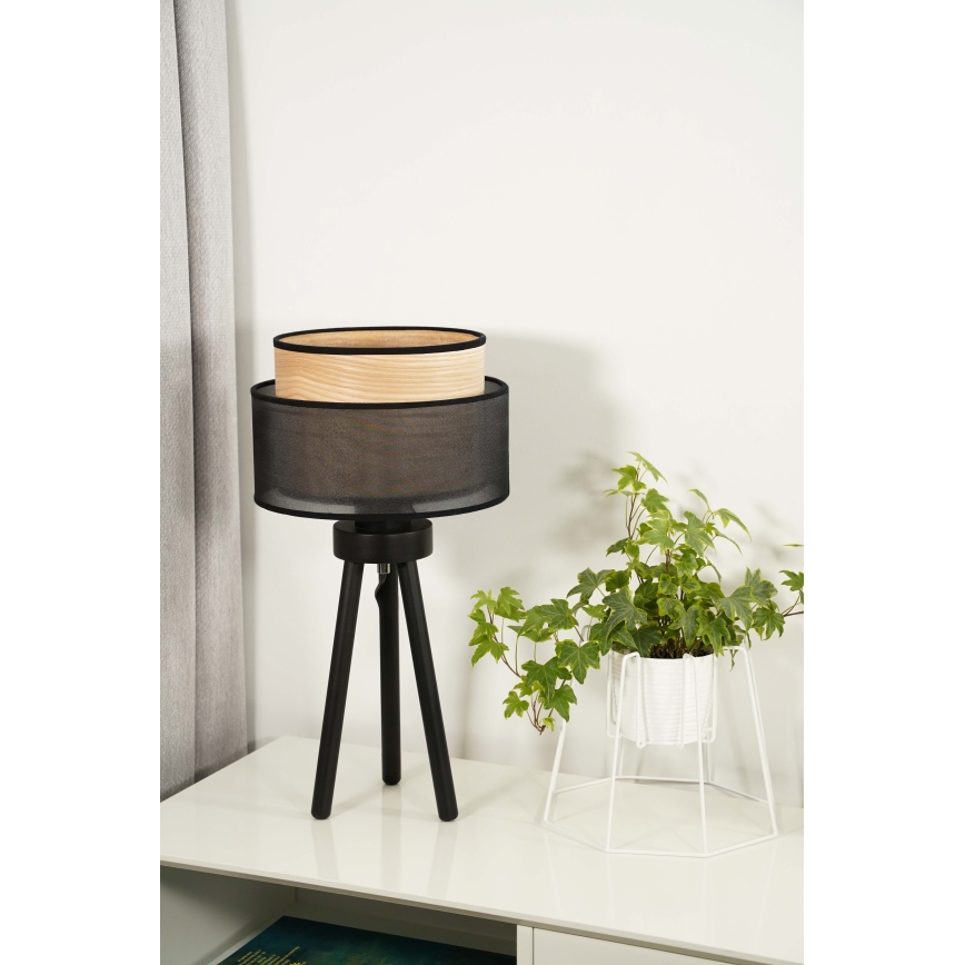 Duolla - Candeeiro de mesa WOOD BOHO 1xE27/15W/230V diâmetro 25 cm preto/bege