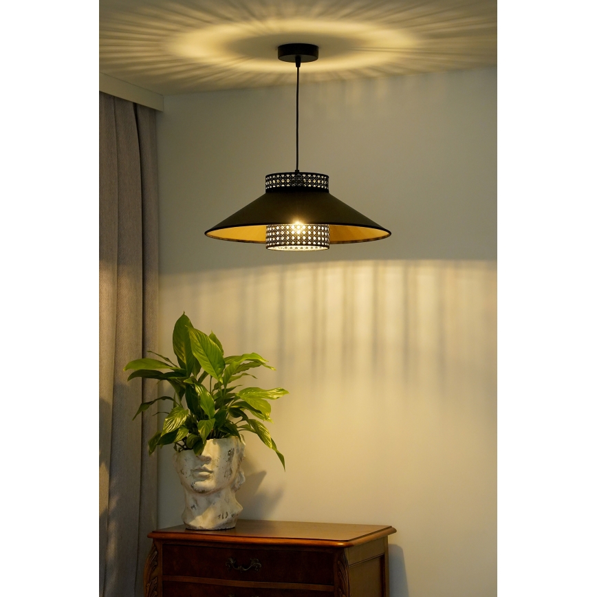 Duolla - Candeeiro suspenso RIO RATTAN 1xE27/15W/230V diâmetro 45 cm preto/dourado