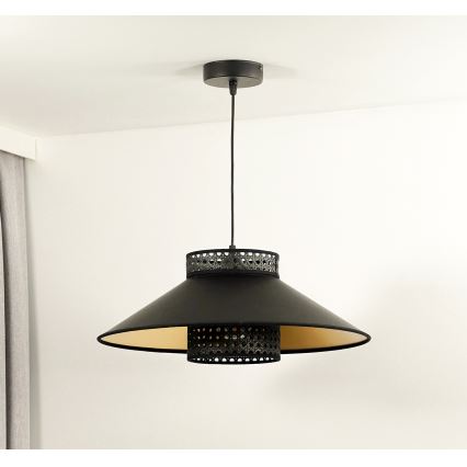 Duolla - Candeeiro suspenso RIO RATTAN 1xE27/15W/230V diâmetro 45 cm preto/dourado