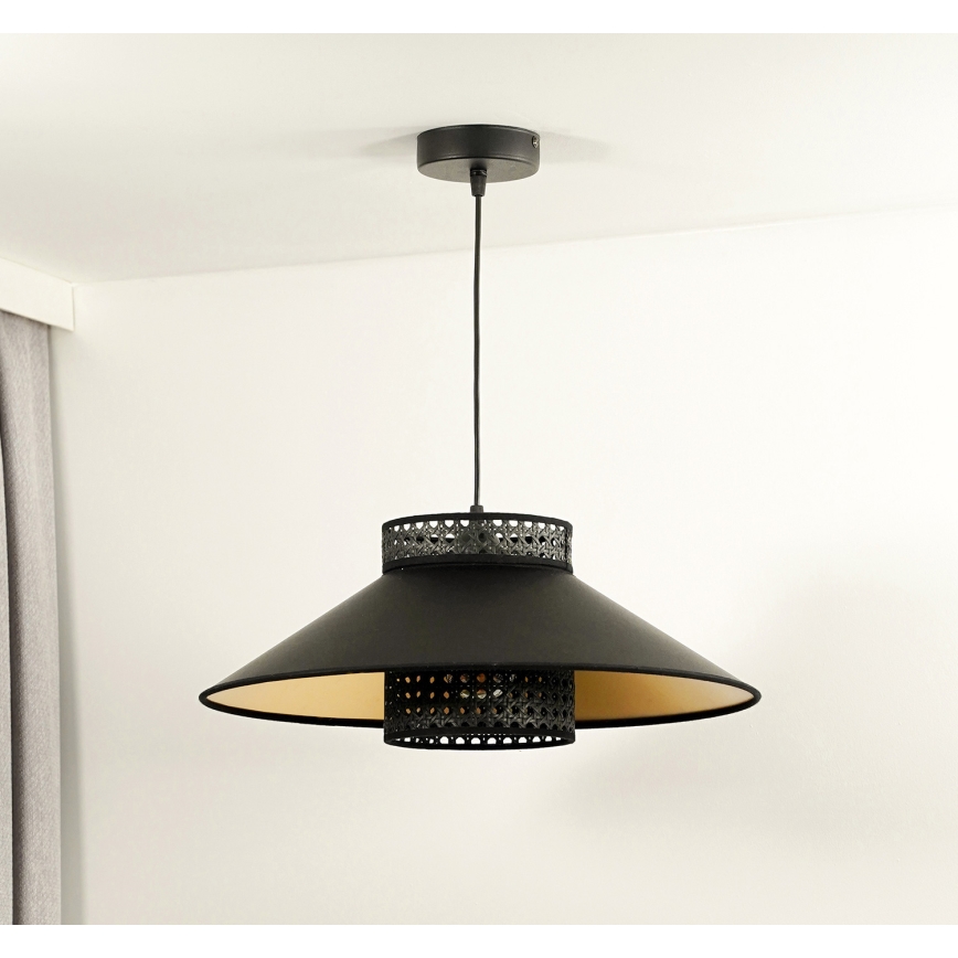 Duolla - Candeeiro suspenso RIO RATTAN 1xE27/15W/230V diâmetro 45 cm preto/dourado