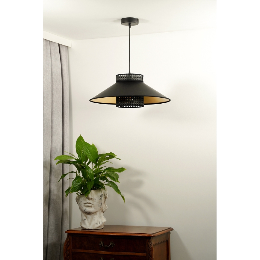 Duolla - Candeeiro suspenso RIO RATTAN 1xE27/15W/230V diâmetro 45 cm preto/dourado
