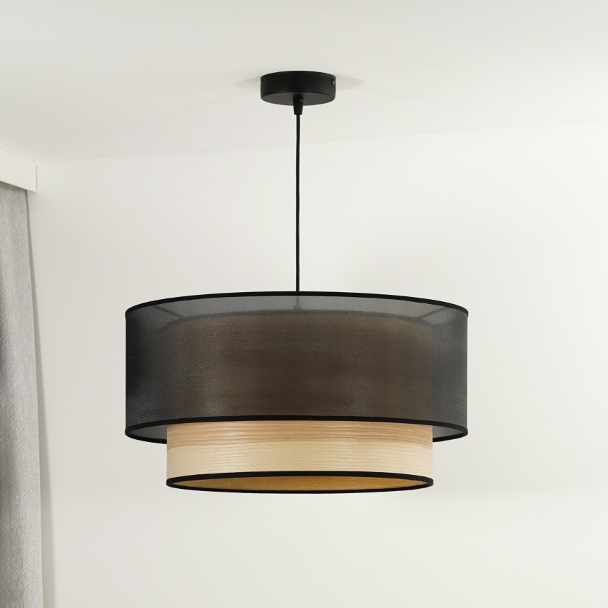 Duolla - Candeeiro suspenso WOOD BOHO 1xE27/15W/230V diâmetro 45 cm preto/bege