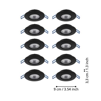 Eglo - Kit de 10 luminárias LED embutidas, 4,9 W, 230 V, 2700/4000/6500 K, Ø 9 cm, preto