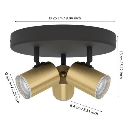 Eglo - Candeeiro de focos para casa de banho 3xGU10/5W/230V Ø 25 cm IP44 preto/dourado