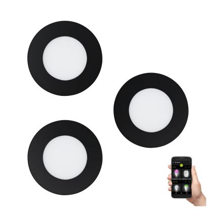 Eglo 31743 - Conjunto de 3 luminárias LED dimerizáveis para casa de banho, de encastrar, FUEVA-Z 1xLED/2,8W/230V 2700-6500 IP44 pretas diâmetro 8,5 cm