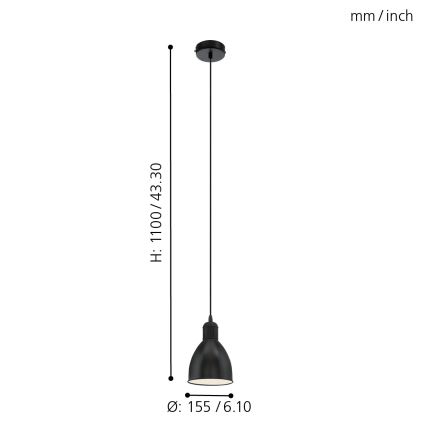 Eglo 55243 - Candeeiro suspenso por cabo PRIDDY 1xE27/60W/230V preto