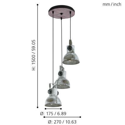 Eglo 79371 - Pendente com cabo BARNSTAPLE 3xE27/40W/230V castanho/pátina