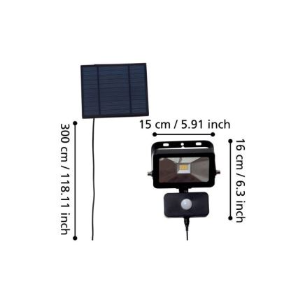 Eglo - Refletor solar LED com sensor: 15 LEDs, 0,03 W cada / 3,7 V, 2600 mAh, IP44