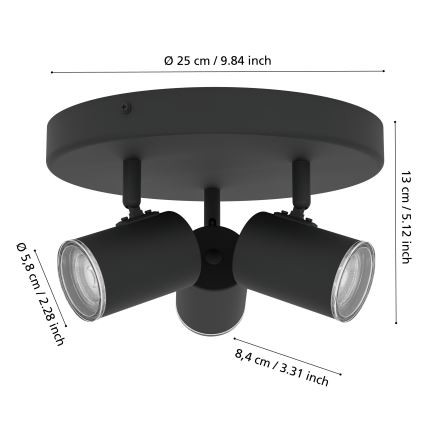 Eglo - Spot para casa de banho 3xGU10/5W/230V, Ø 25 cm, IP44, preto