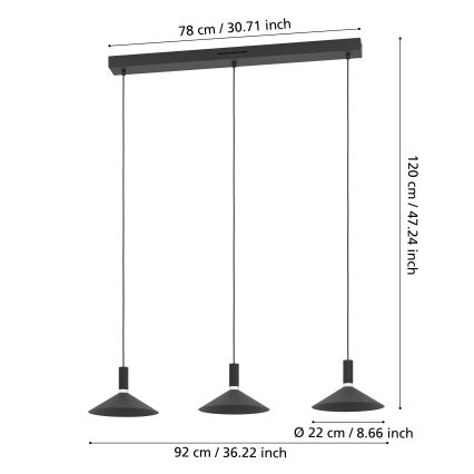 Eglo - Lustre LED RGBW regulável suspenso por cabo 3xLED/7,5W/230V 2700-6500K preto