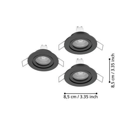 Eglo - Conjunto 3x spots LED de embutir para casa de banho, 1xGU10/4,5W/230V, IP44, preto