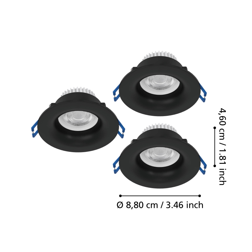Eglo - Conjunto de 3 luminárias LED de embutir para casa de banho LED/4,9W/230V 2700/4000/6500K Ø 8,8 cm IP65 pretas