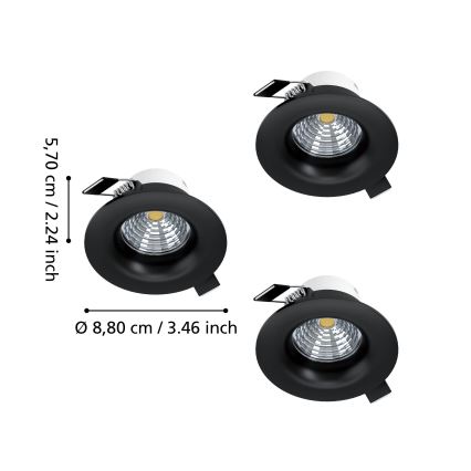 Eglo - Conjunto de 3 luminárias de embutir LED reguláveis LED/4,8 W/230 V, Ø 8,8 cm, pretas