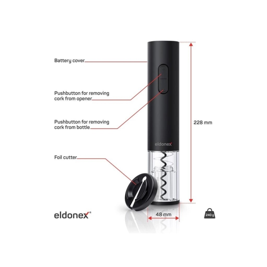 ELDONEX EWO-2100-BK - Abridor de vinho elétrico 4xAA preto