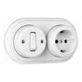 Elhard - Interruptor cerâmico retro de parede unipolar n.º 1 e tomada SCHUKO 230V com moldura branca