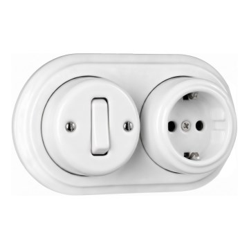 Elhard - Interruptor cerâmico retro de parede unipolar n.º 1 e tomada SCHUKO 230V com moldura branca