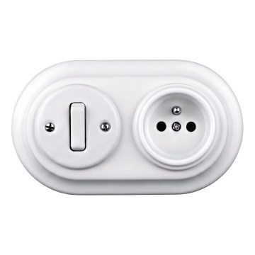 Elhard - Interruptor cerâmico retro n.º 1 e tomada 230V com moldura branca