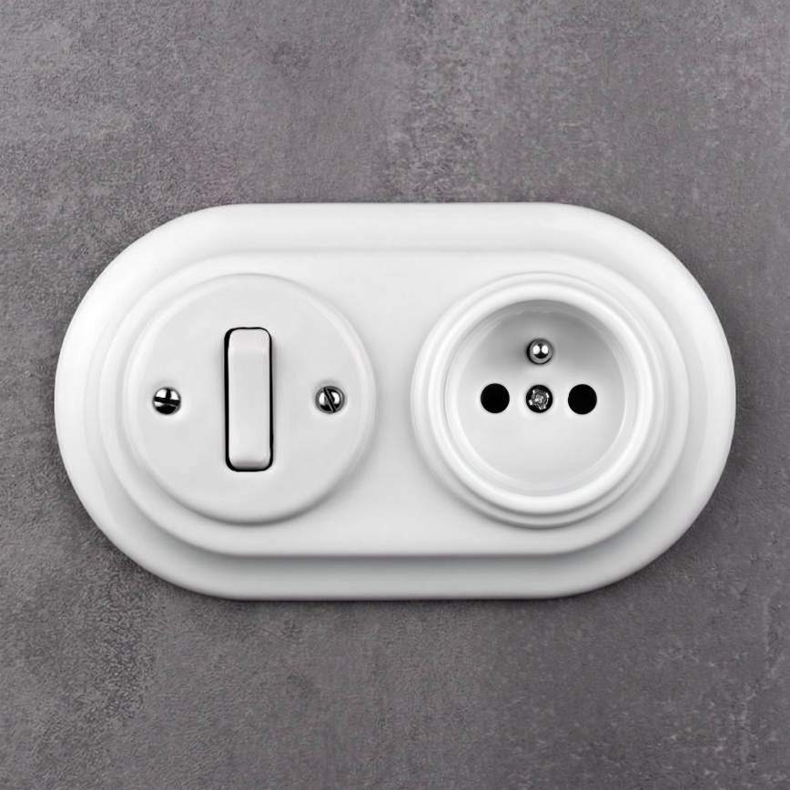 Elhard - Interruptor cerâmico retro n.º 1 e tomada 230V com moldura branca