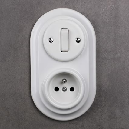 Elhard - Interruptor cerâmico retro n.º 1 e tomada 230V com moldura branca