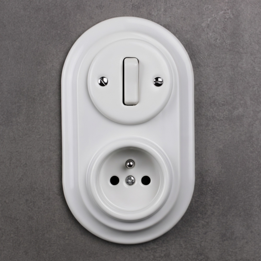 Elhard - Interruptor cerâmico retro n.º 1 e tomada 230V com moldura branca