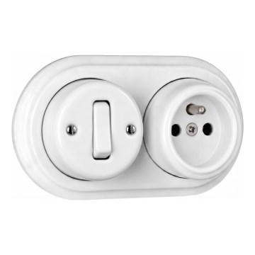Elhard - Interruptor de parede cerâmico retro unipolar n.º 1 e tomada 230 V com moldura branca