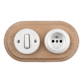 Elhard - Interruptor retro cerâmico č. 1 e tomada 230V com moldura branco/madeira clara