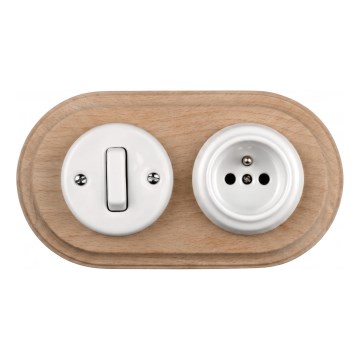 Elhard - Interruptor retro cerâmico č. 1 e tomada 230V com moldura branco/madeira clara