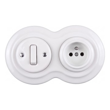 Elhard - Interruptor retro cerâmico n.º 1 e tomada 230 V com moldura branca