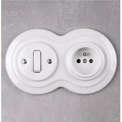 Elhard - Interruptor retro cerâmico n.º 1 e tomada 230 V com moldura branca
