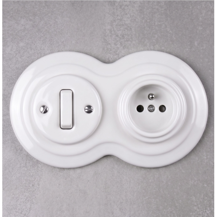 Elhard - Interruptor retro cerâmico n.º 1 e tomada 230 V com moldura branca