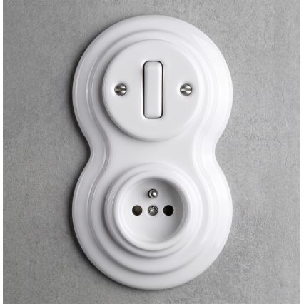 Elhard - Interruptor retro cerâmico n.º 1 e tomada 230 V com moldura branca