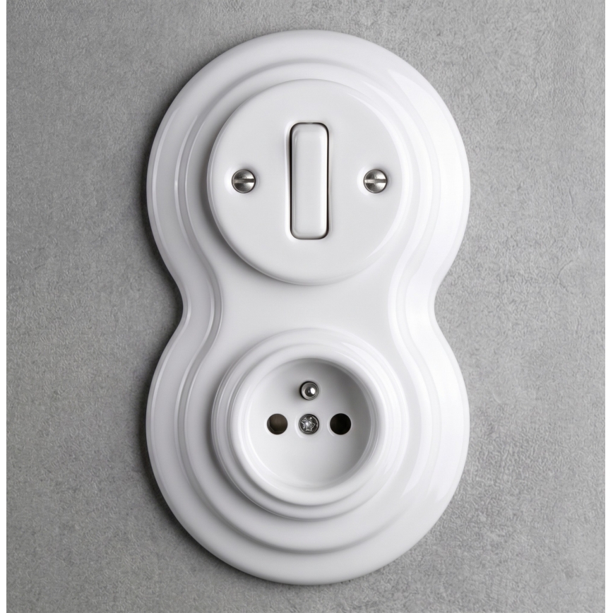 Elhard - Interruptor retro cerâmico n.º 1 e tomada 230 V com moldura branca