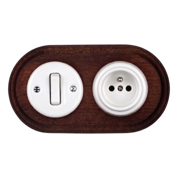 Elhard - Interruptor retro cerâmico n.º 1 e tomada 230V com moldura branco/madeira escura