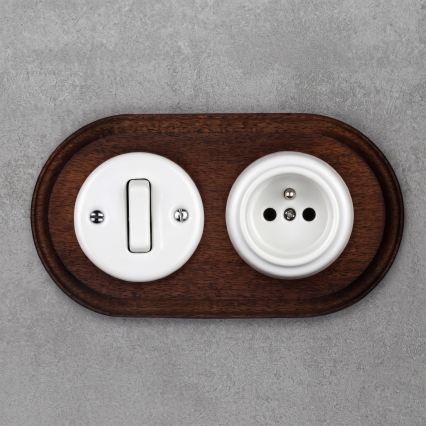 Elhard - Interruptor retro cerâmico n.º 1 e tomada 230V com moldura branco/madeira escura