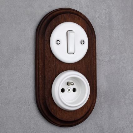 Elhard - Interruptor retro cerâmico n.º 1 e tomada 230V com moldura branco/madeira escura