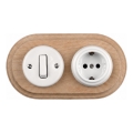 Elhard - Interruptor retro cerâmico n.º 1 e tomada 230V com moldura SCHUKO branco/madeira clara