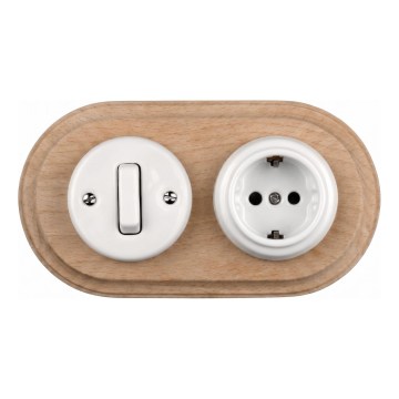 Elhard - Interruptor retro cerâmico n.º 1 e tomada 230V com moldura SCHUKO branco/madeira clara