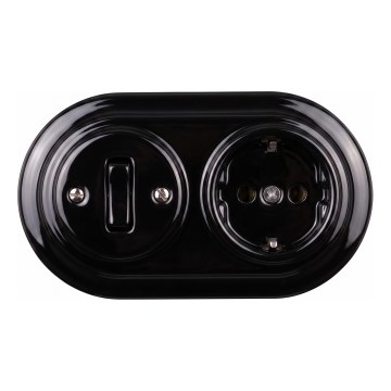 Elhard - Interruptor retro cerâmico n.º 1 e tomada 230V com moldura SCHUKO preta