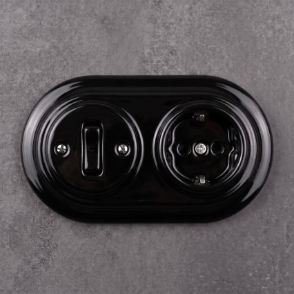 Elhard - Interruptor retro cerâmico n.º 1 e tomada 230V com moldura SCHUKO preta