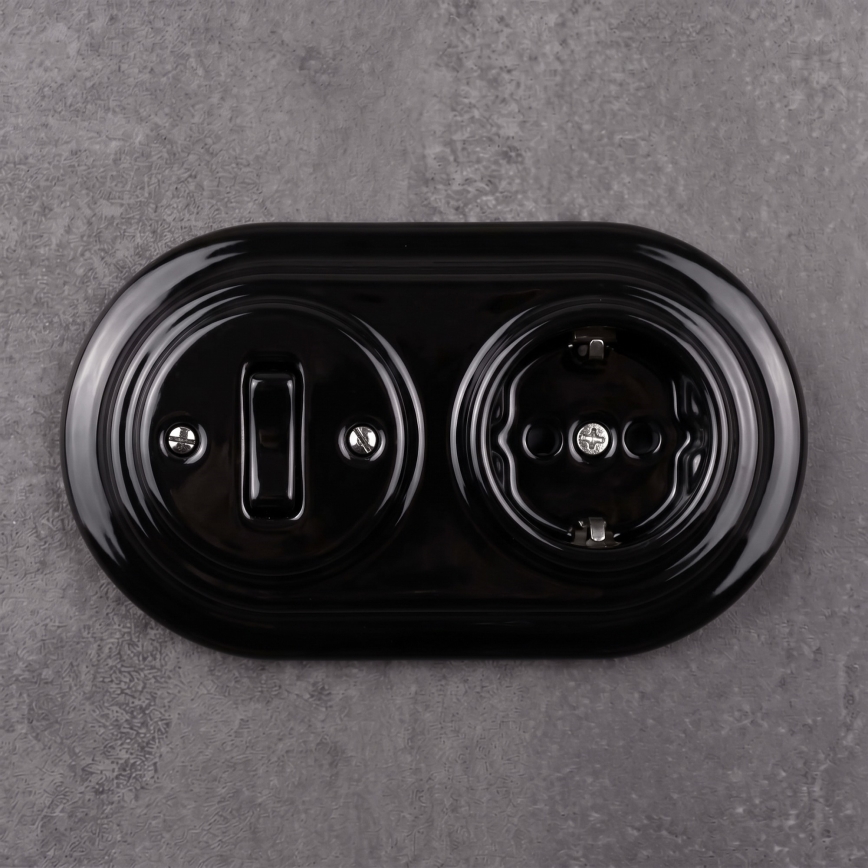 Elhard - Interruptor retro cerâmico n.º 1 e tomada 230V com moldura SCHUKO preta