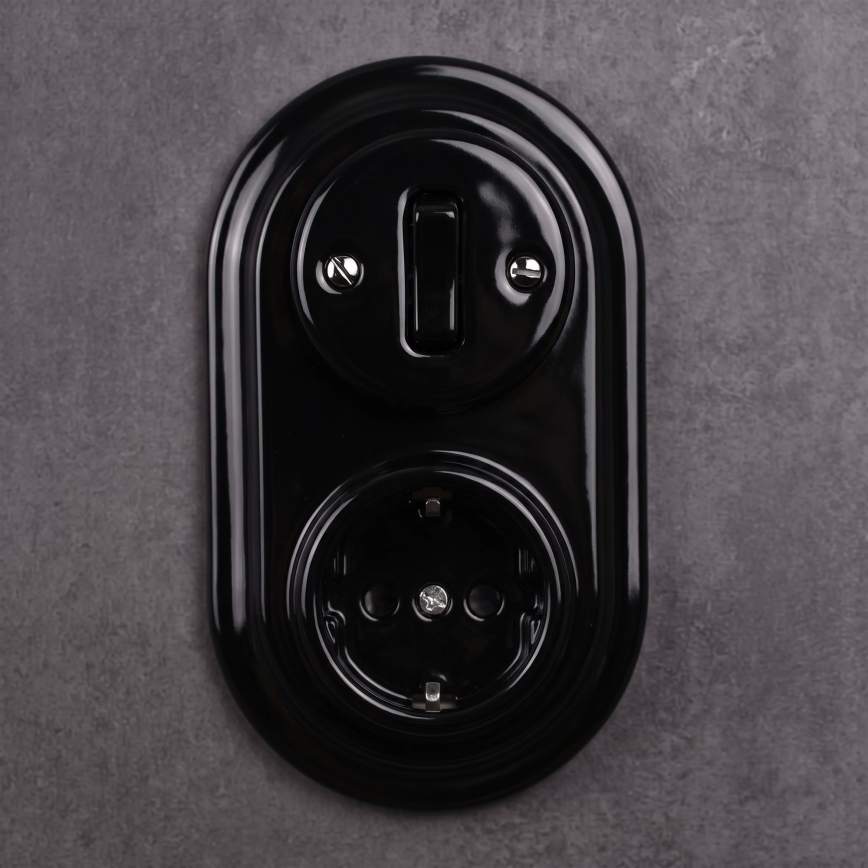 Elhard - Interruptor retro cerâmico n.º 1 e tomada 230V com moldura SCHUKO preta