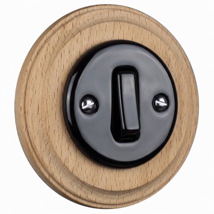 Elhard - Interruptor retro cerâmico simples com moldura č. 1 preto/madeira clara
