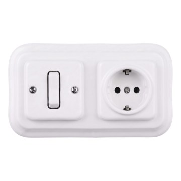 Elhard - Interruptor retro cerâmico unipolar č. 1 e tomada SCHUKO 230V com moldura branca