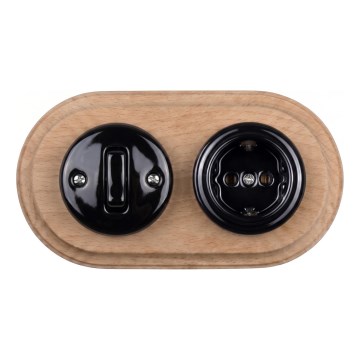 Elhard - Interruptor retro de cerâmica, 1 tecla, e tomada 230 V com moldura SCHUKO, preto/madeira clara