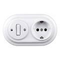 Elhard - Interruptor retro de cerâmica n.º 1 e tomada 230V com moldura SCHUKO, branco