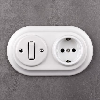 Elhard - Interruptor retro de cerâmica n.º 1 e tomada 230V com moldura SCHUKO, branco