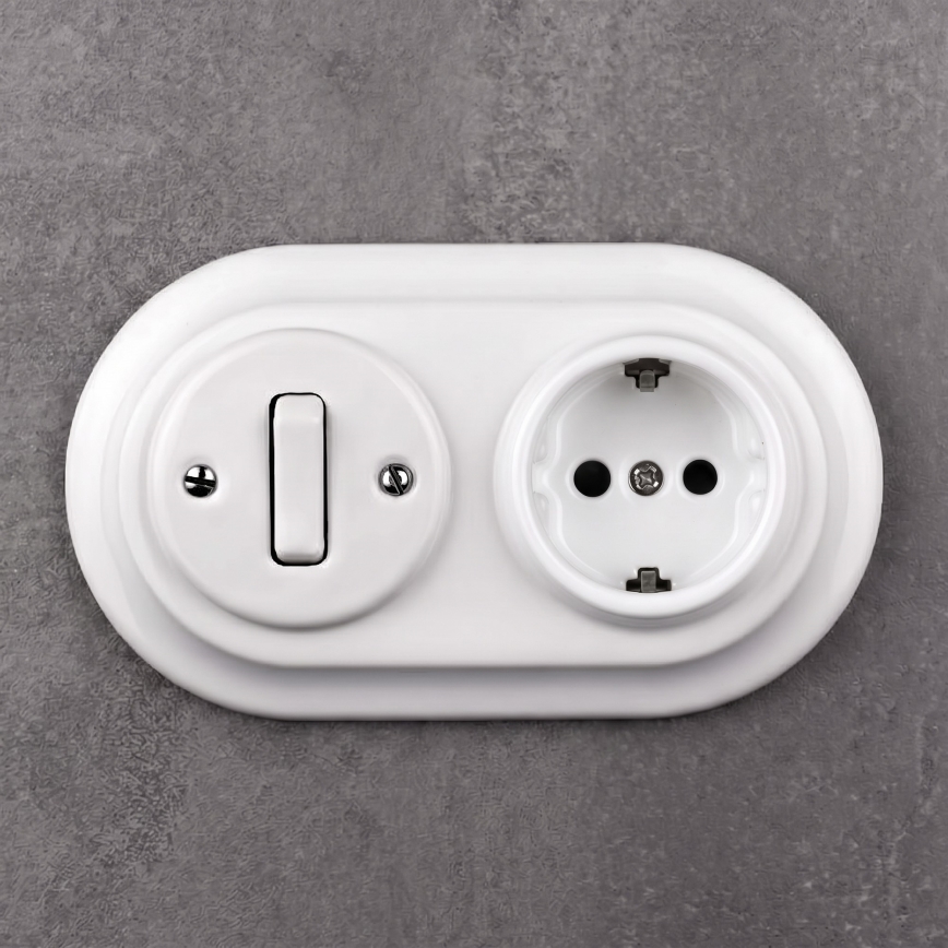 Elhard - Interruptor retro de cerâmica n.º 1 e tomada 230V com moldura SCHUKO, branco