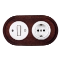 Elhard - Interruptor retrô de cerâmica n.º 1 e tomada 230V com moldura SCHUKO branco/madeira escura